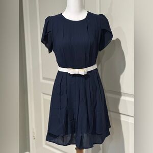 •NWOT• Pleated Navy Blue Dress w/White Gold Belt w/Gold Trim